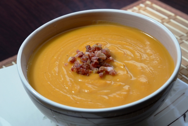 Butternut Squash soup with Pancetta bacon in a bowl
