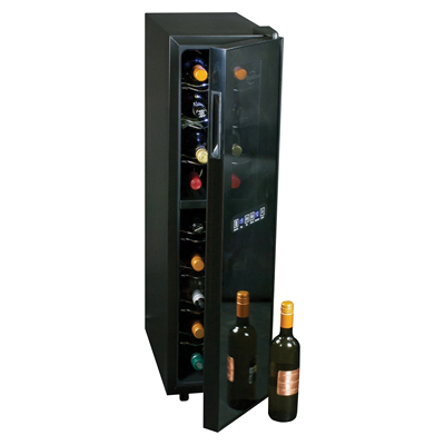 Front image of a Koolatron 18 Bottle Dual Zone Wine Cooler with the front door partially open.