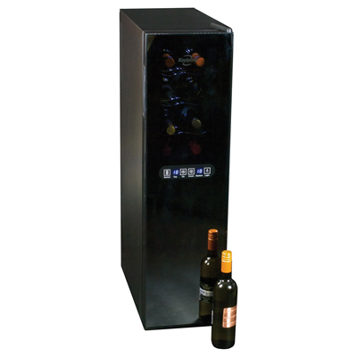Front image of a Koolatron 18 Bottle Dual Zone Wine Cooler with a bottle of wine in front of the door.