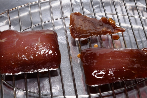 An oven rack with Chinese Barbecued Pork
