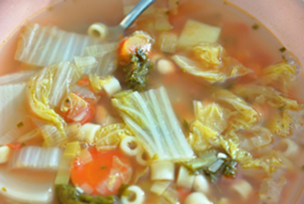 Napa Cabbage soup in a soup bowl