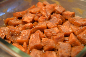 Candied sweet potatoes in 8 inch square baking dish
